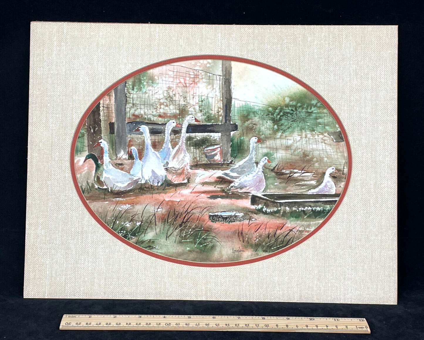 Original Signed Watercolor Painting of a Gaggle of Geese in a Barnyard