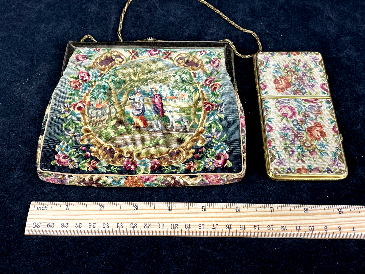 Antique Petit Point Purse & Two-Sided Mirrored Petit Point Powder Compact