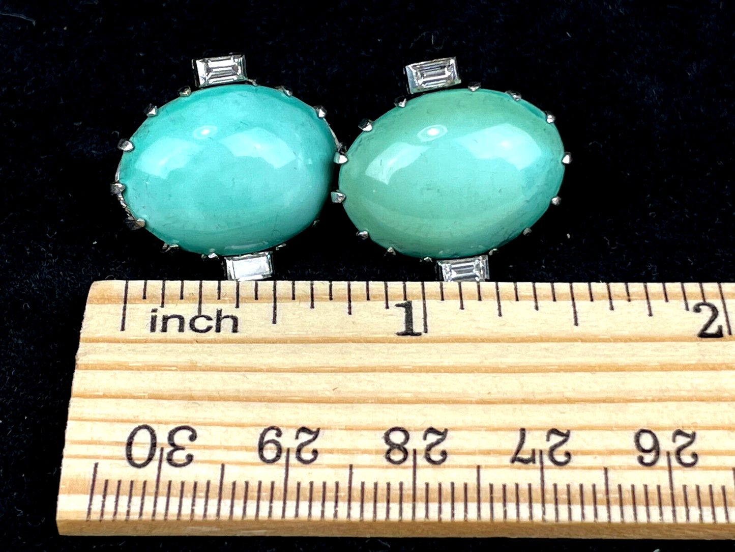 Large Cabochon Turquoise & Diamond Pierced w/Clip Sterling Earrings