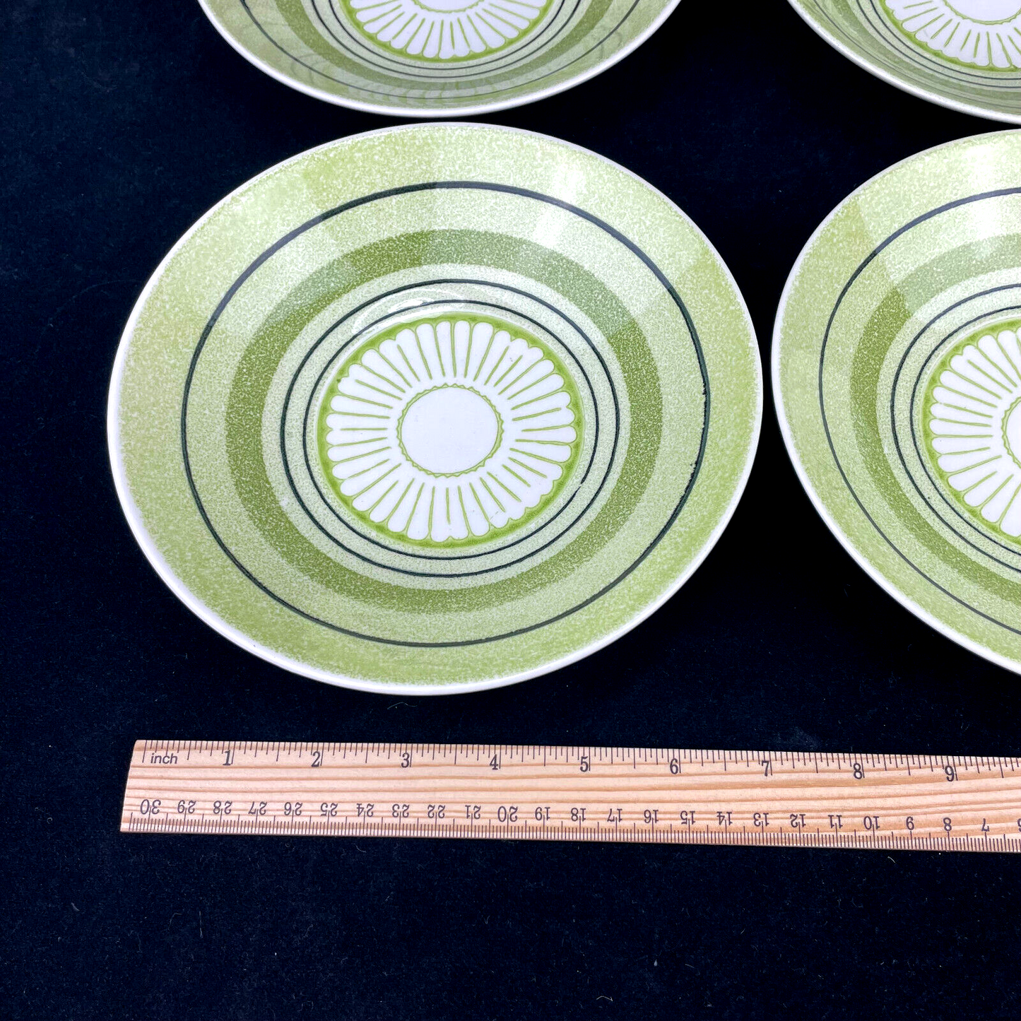 Vintage California Pottery 4pc Set Green Striped Shallow Bowls