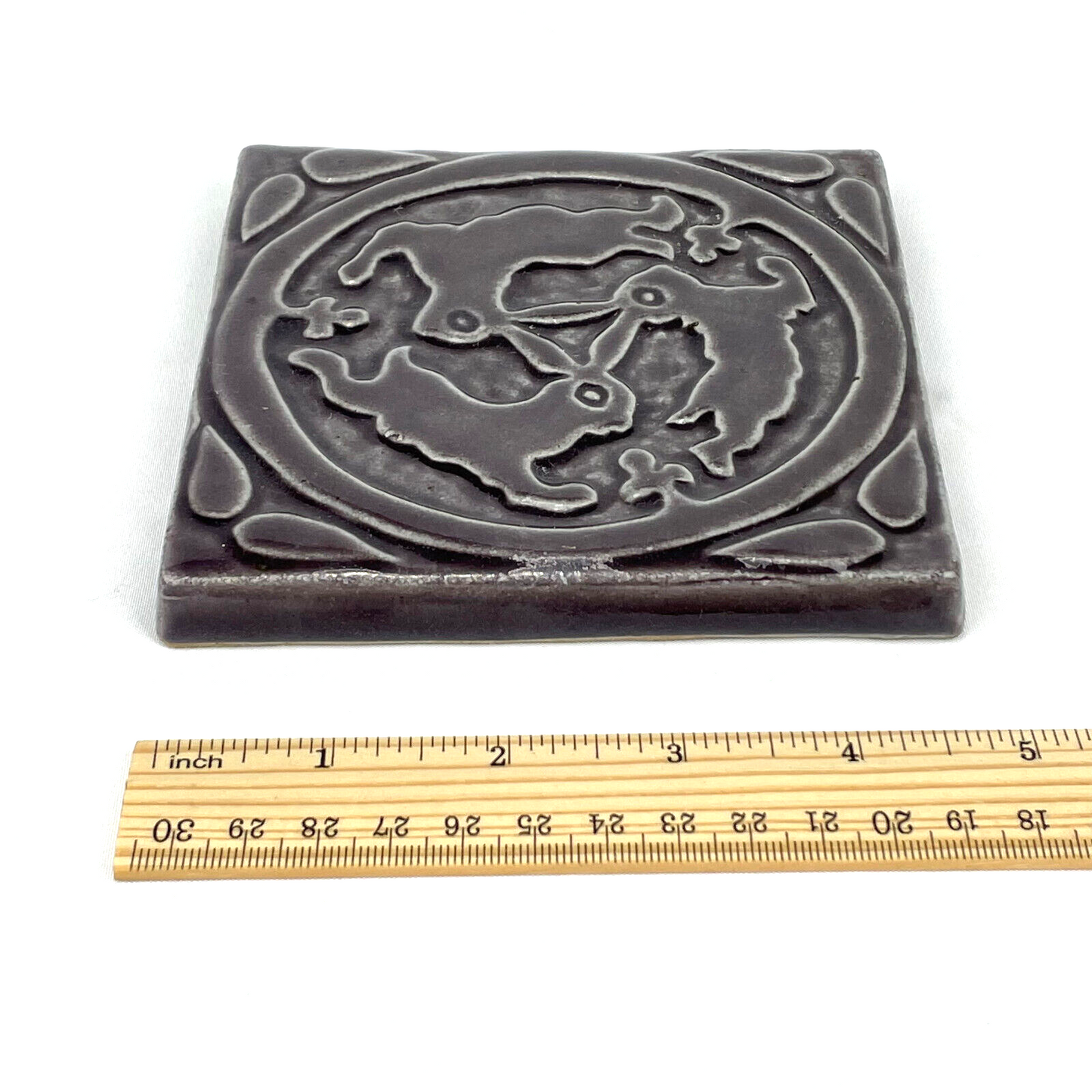 Rising Meadow Tileworks Vermont Artisan Ceramic Tile of Circling Rabbits