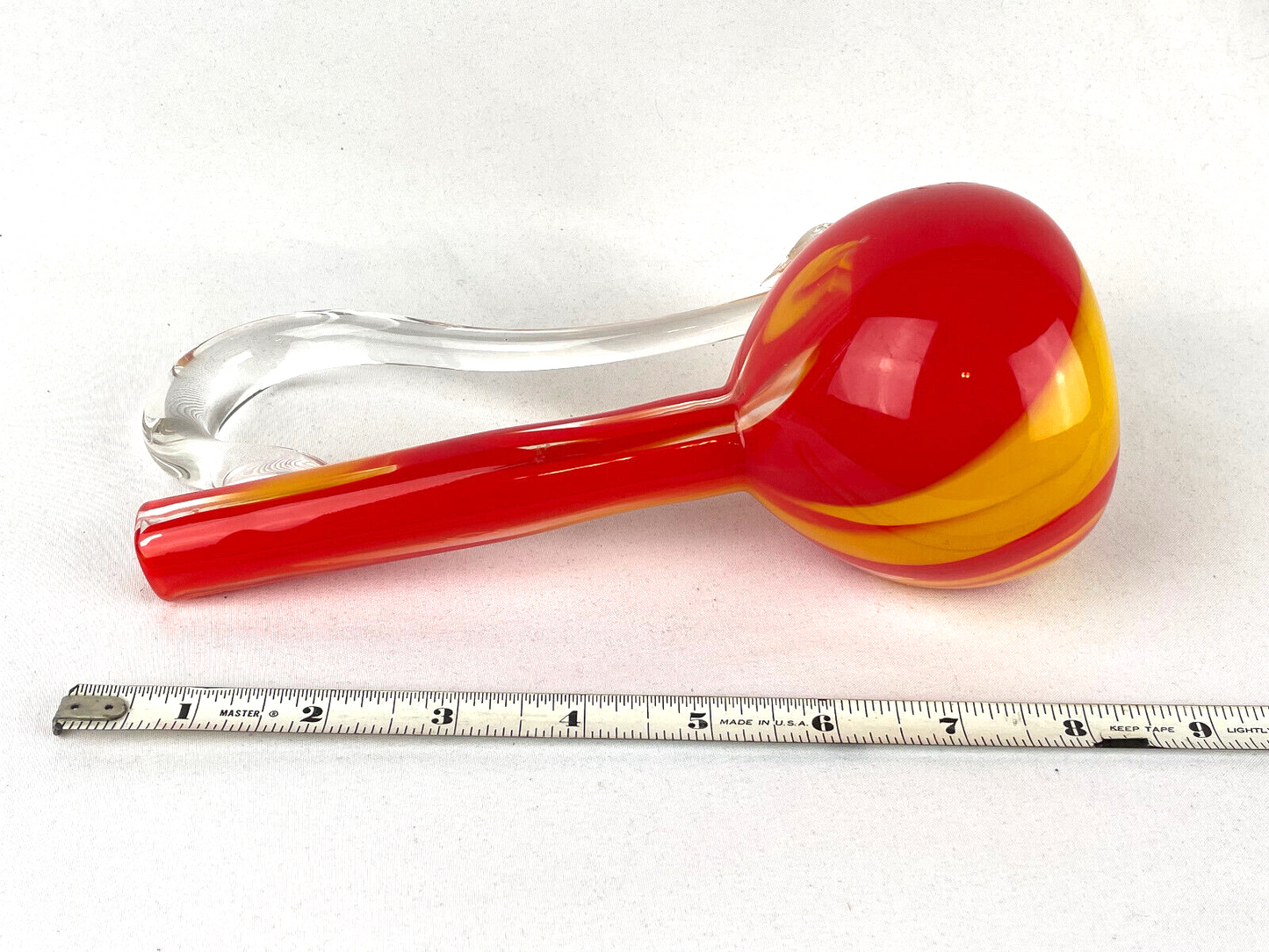 Hand Blown Studio Art Glass Bulbous Vase with Vivid Red & Yellow Swirl