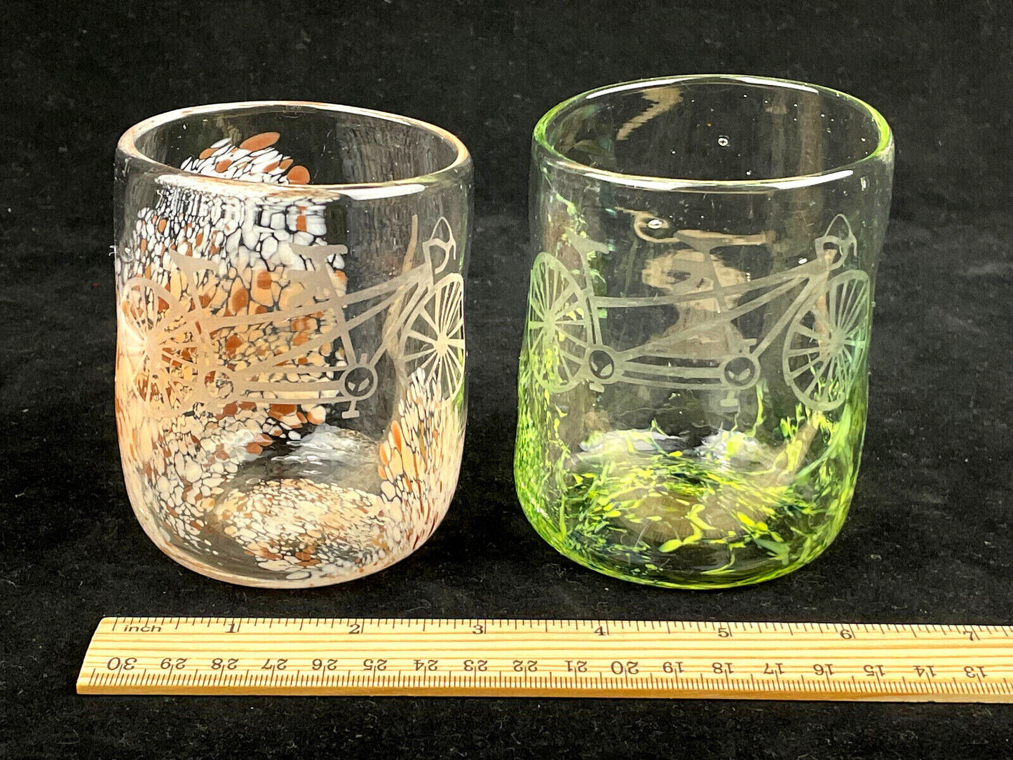 2pc Hand Blown Art Glass Cocktail Juice Glasses with Etched Tandem Bicycles