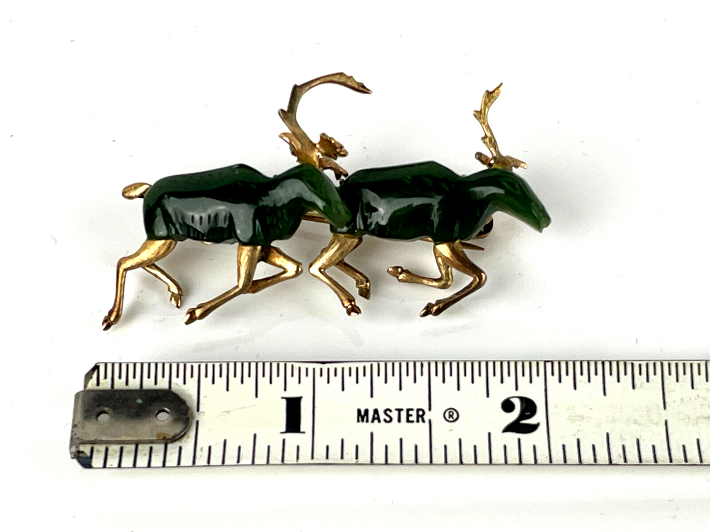 14K Gold & Jade Custom Made Hong Kong Deer Antelope Brooch