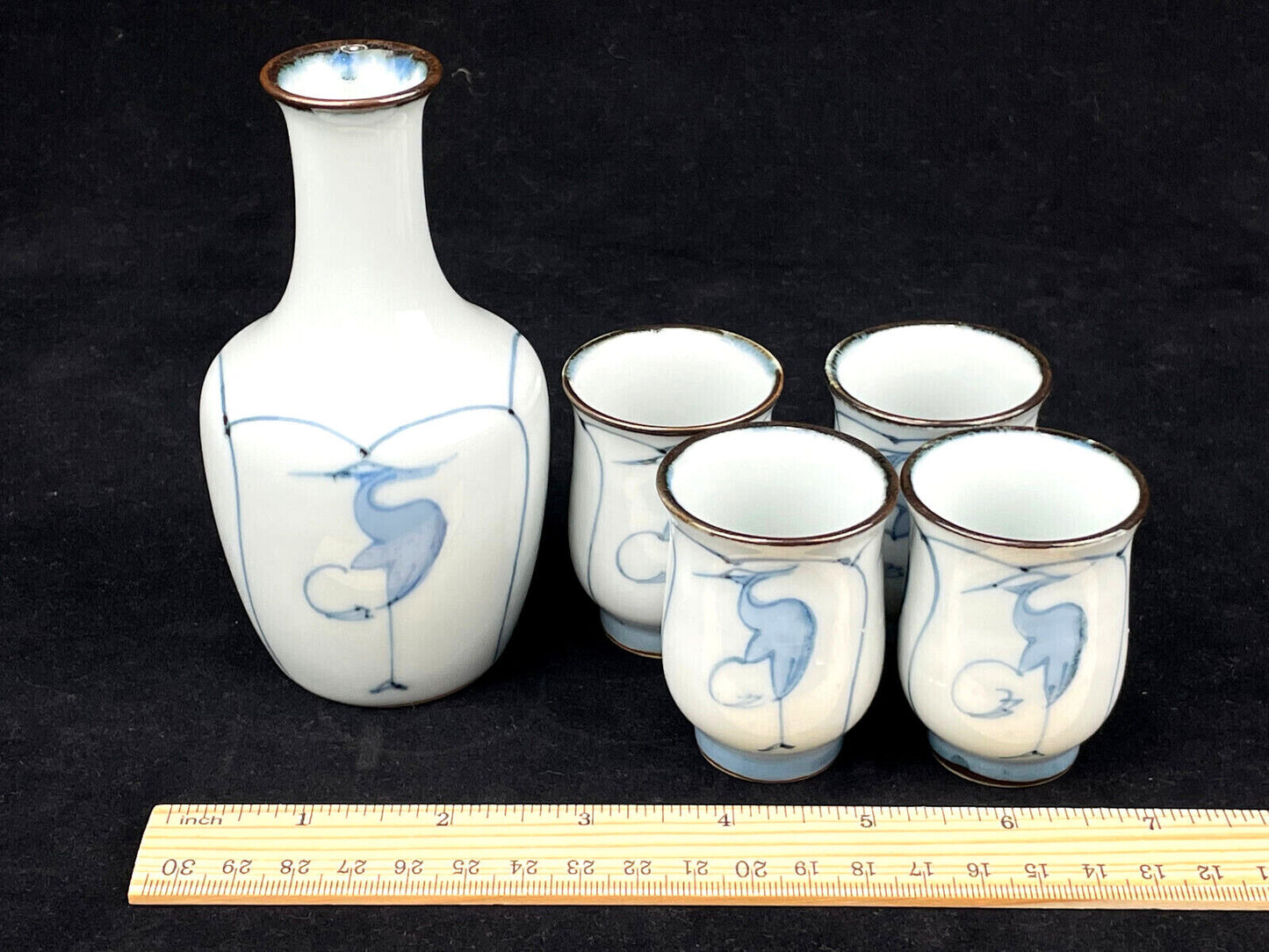Japanese Blue Crane Vintage Stoneware Sake Set