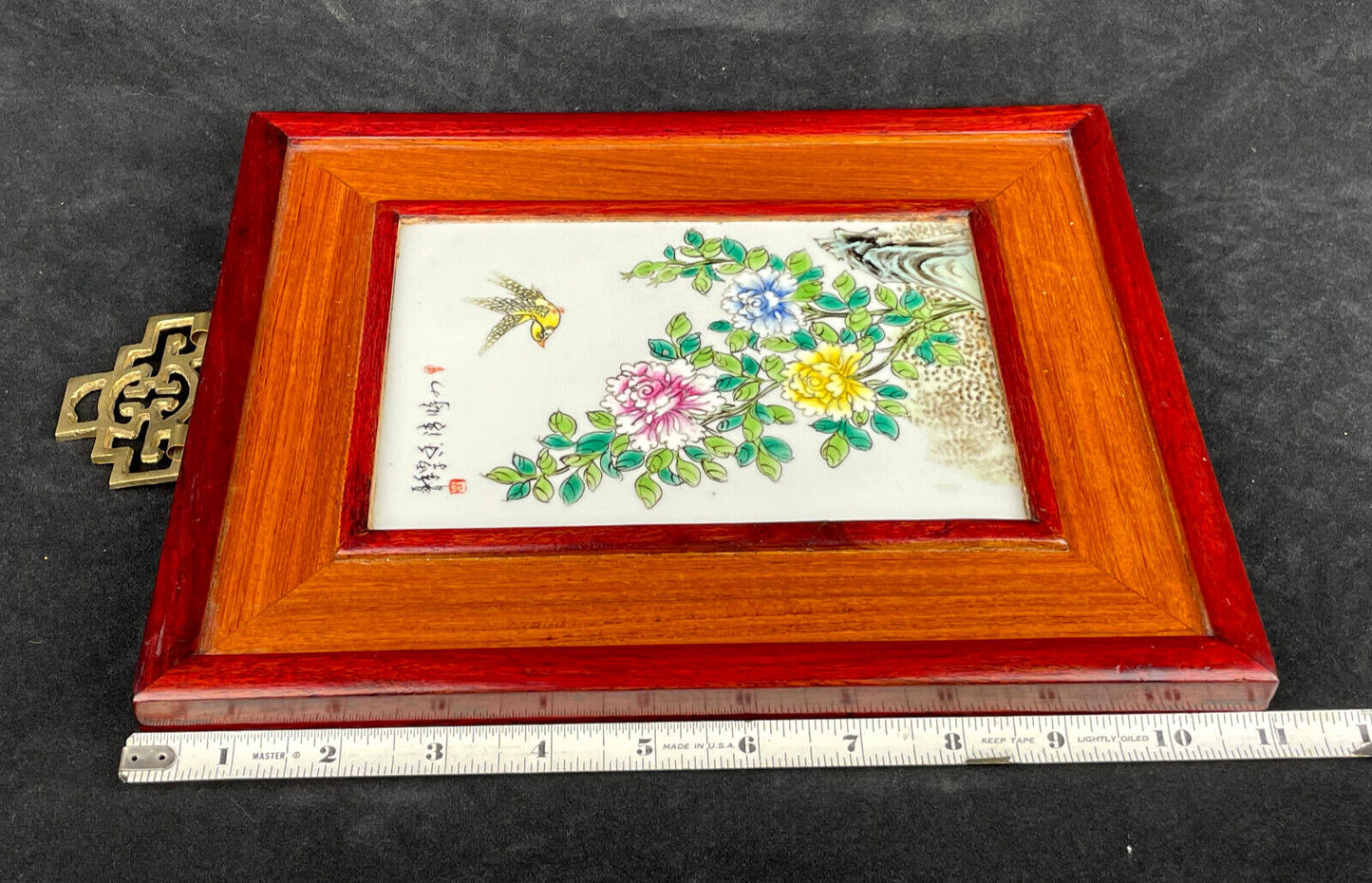 Vintage Chinese Famille Rose Hand Painted Framed Porcelain Tile
