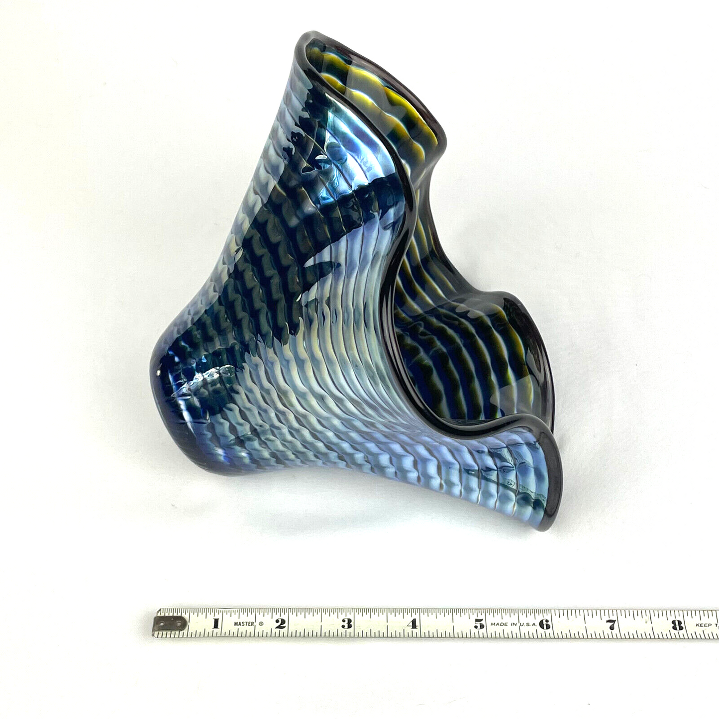 Iridescent Blue & Clear Striped Studio Art Glass Handkerchief Vase