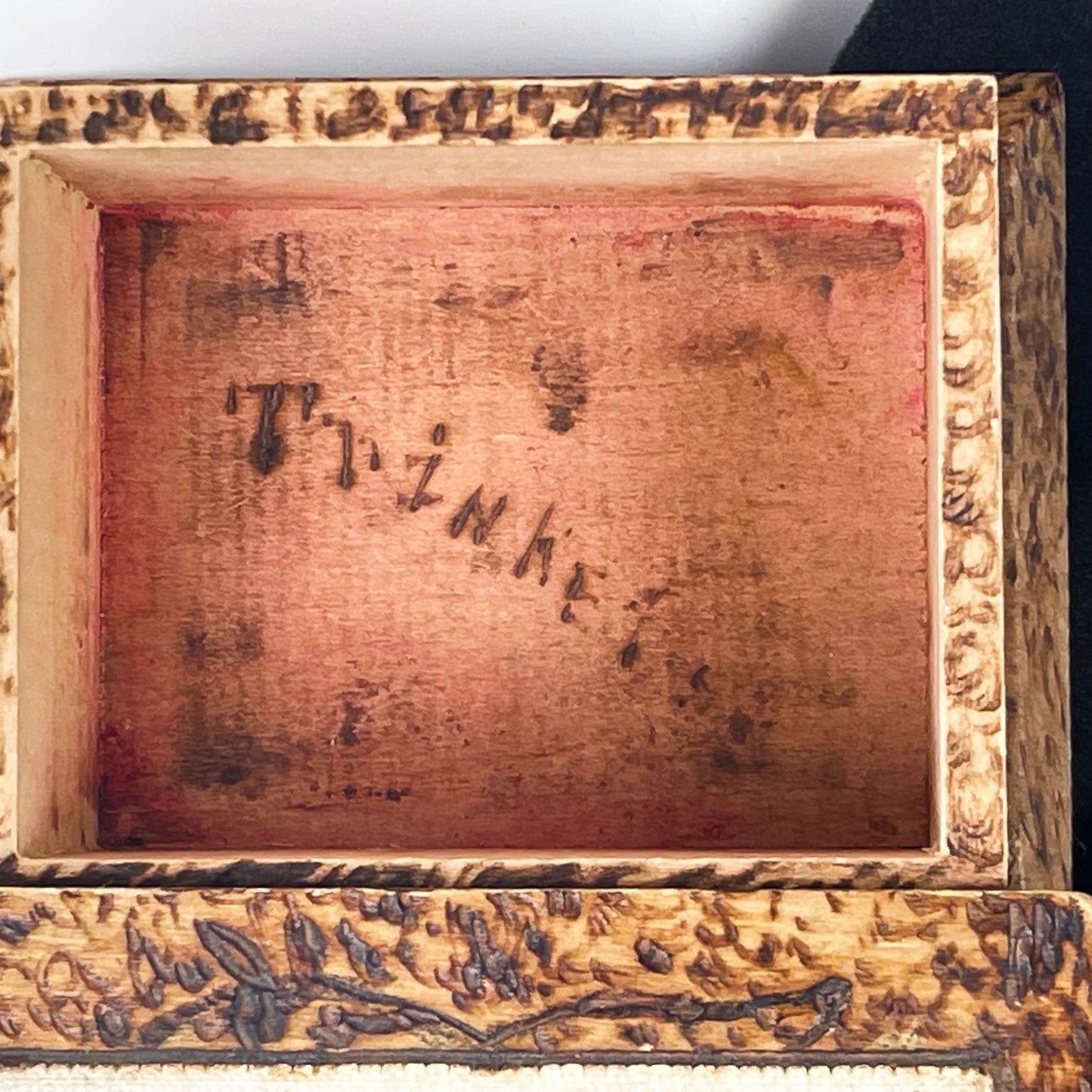 Antique Belgium Flemish Wooden Pyrography Trinket Box