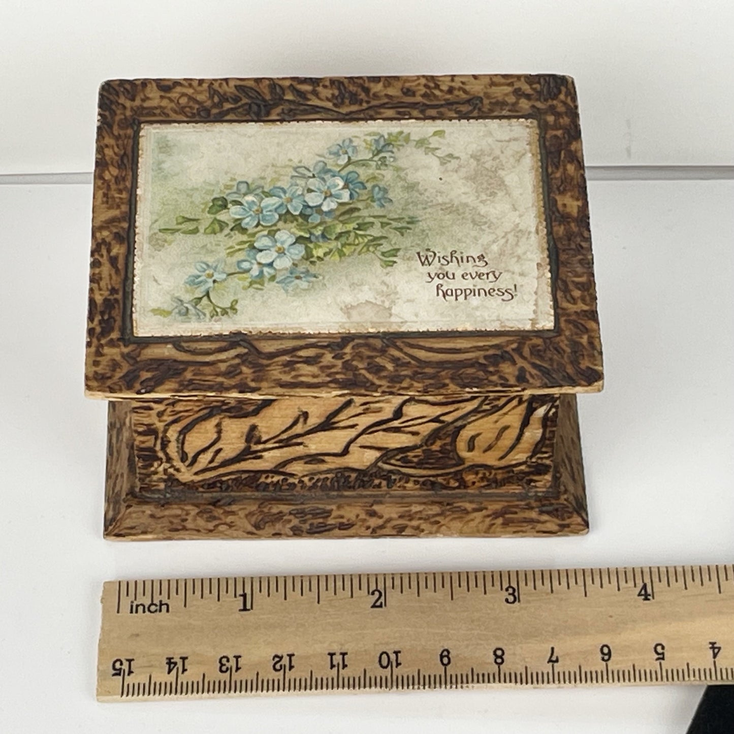 Antique Belgium Flemish Wooden Pyrography Trinket Box