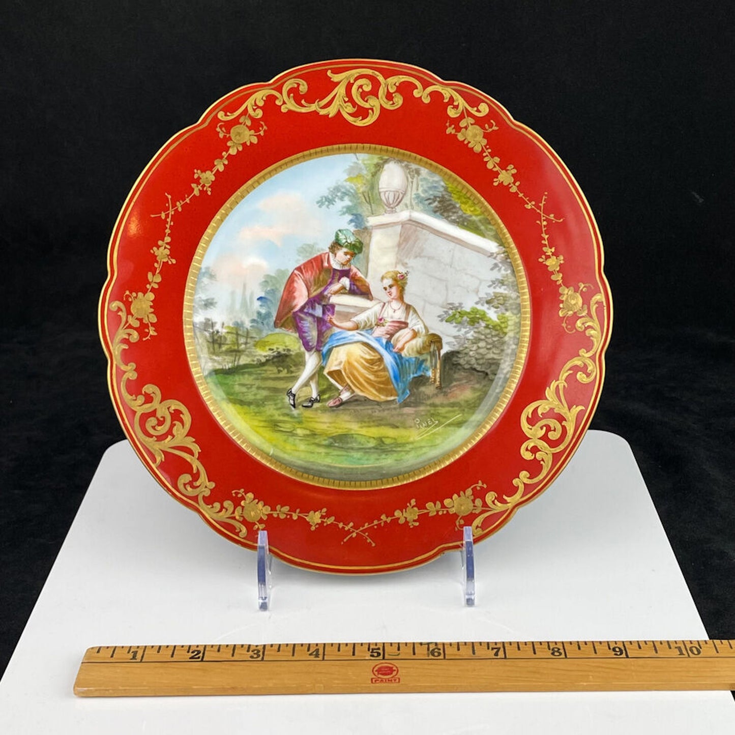 Sèvres France Signed "Pinel" Porcelain Red & Gilt Courting Scene Cabinet Plate