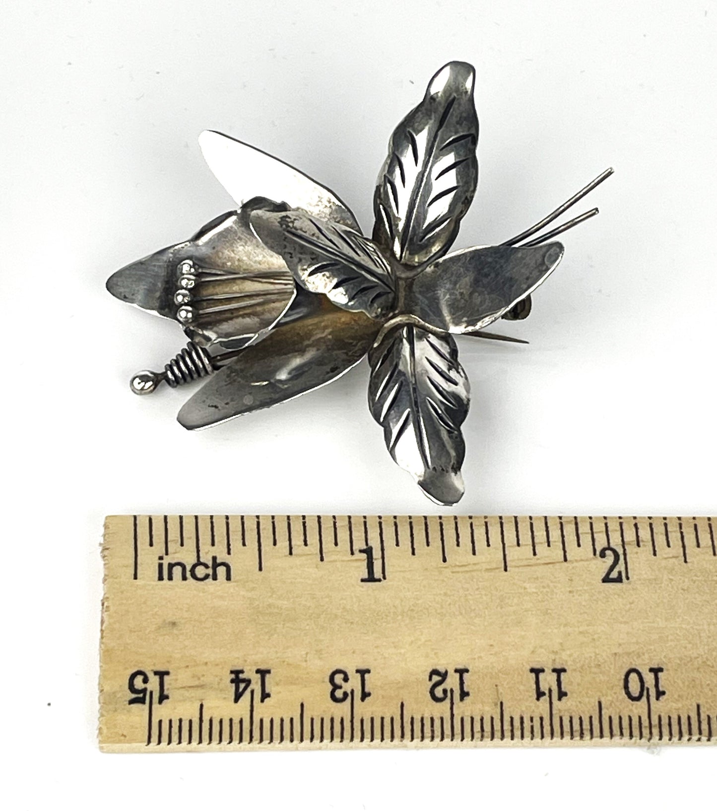 Signed JMT Taxco Mexico Sterling Silver Orchid Flower Brooch