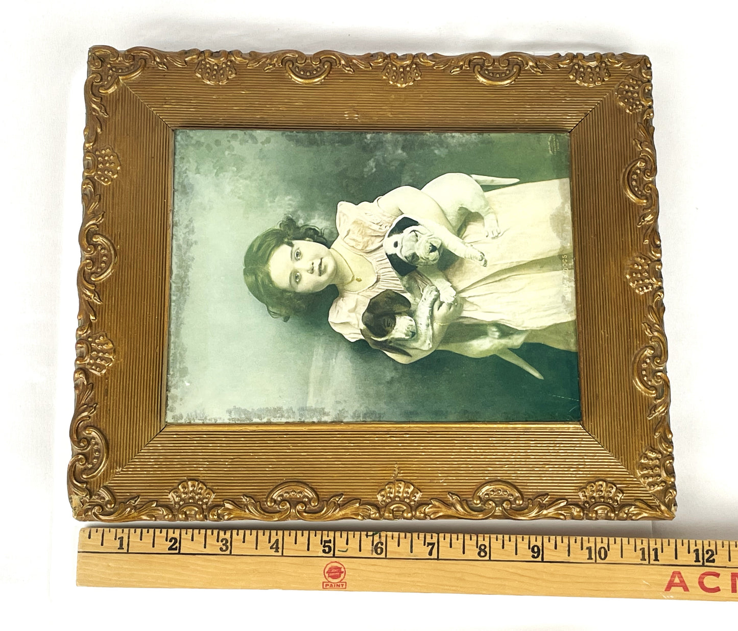 Antique Gilded Framed Print "Lucky Dogs" & Child by J.I. Austen & Co Chicago