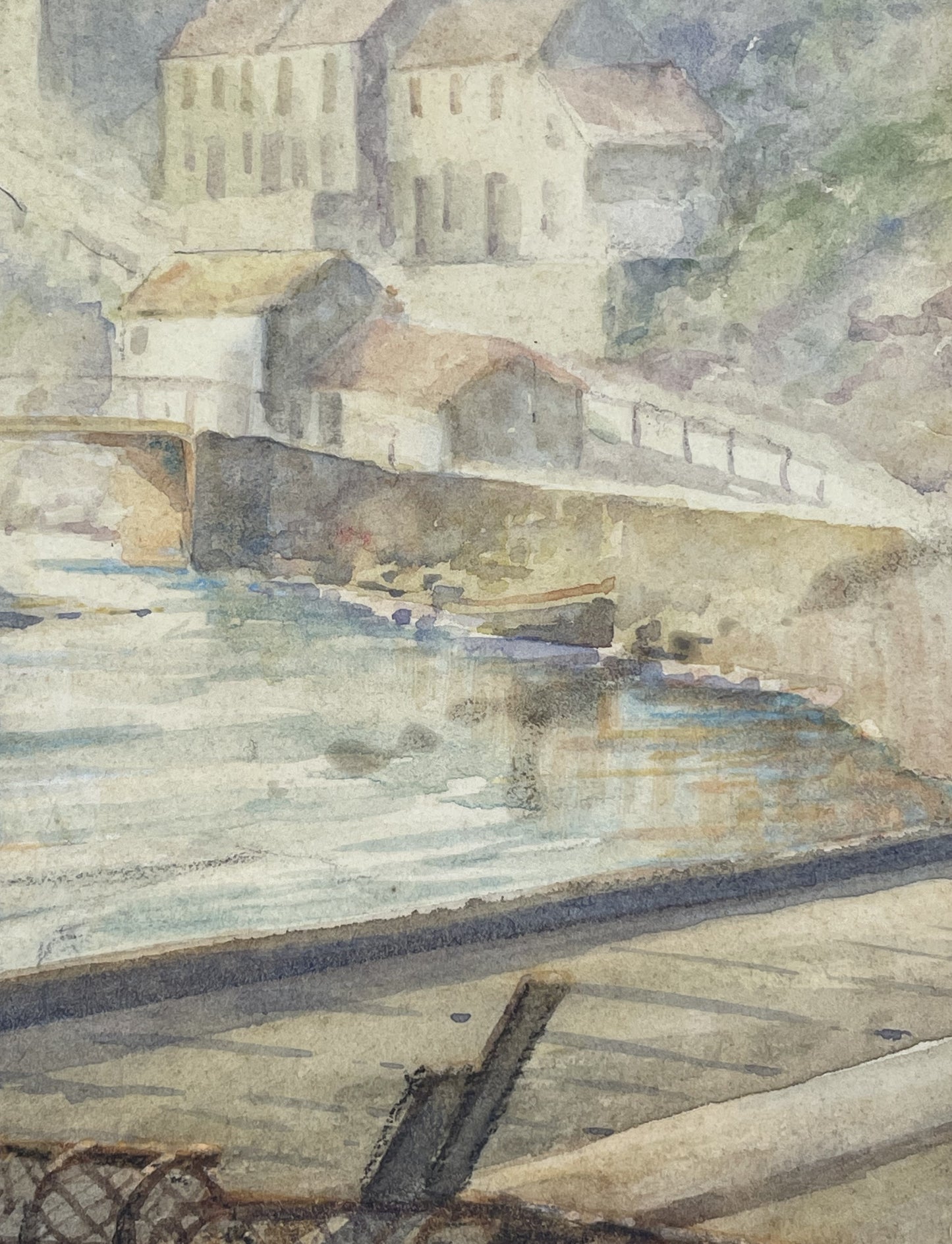 Antique Watercolor Painting Listed Artist Fred E. Graham Of Village Fishing Boat & Traps