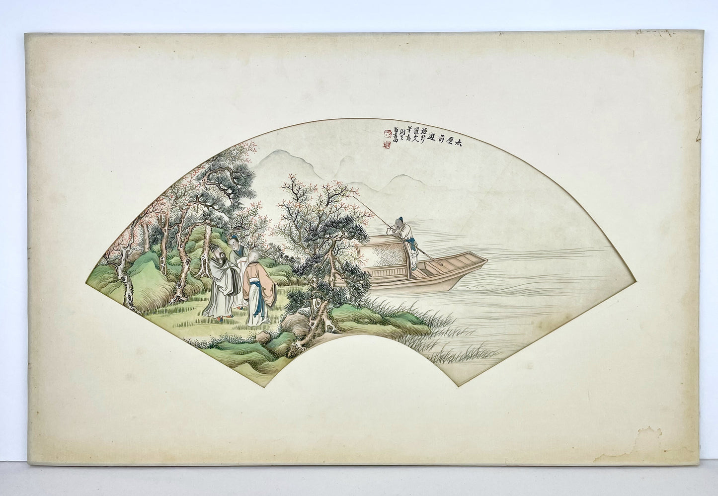 Fine Chinese Antique/Vintage Signed Ink & Watercolor Fan Painting Boatman Scene
