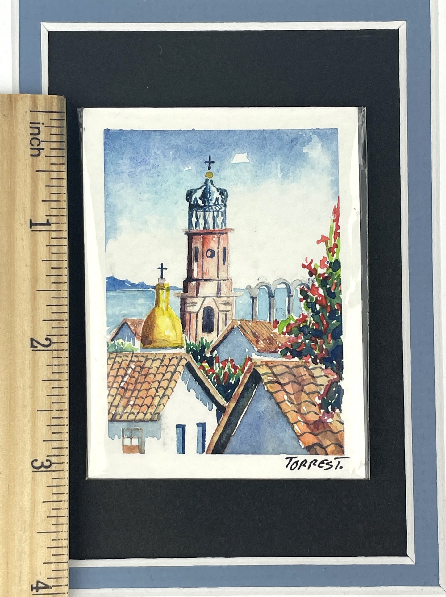 Original Miniature Watercolor Painting of Eastern Orthodox Church Spire Signed Torrest
