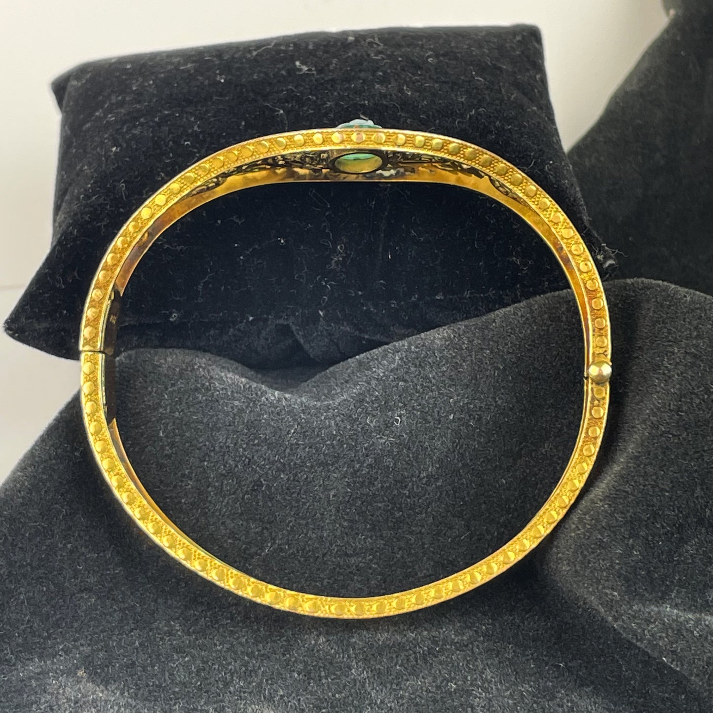 Antique Victorian Era Gold Filled R&F Green Cameo Bangle Bracelet
