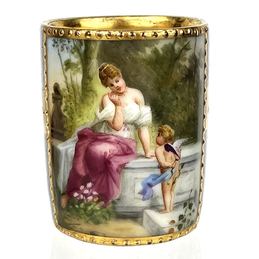 Royal Vienna Heavily Gilt Antique Hand Painted Demitasse Cup with Lady & Cupid