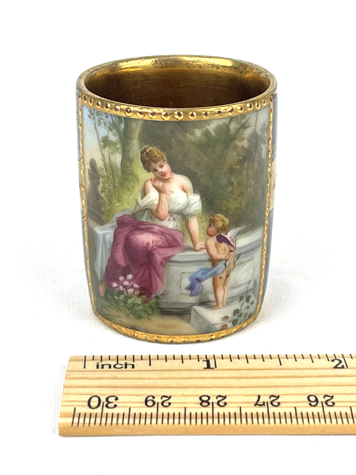 Royal Vienna Heavily Gilt Antique Hand Painted Demitasse Cup with Lady & Cupid