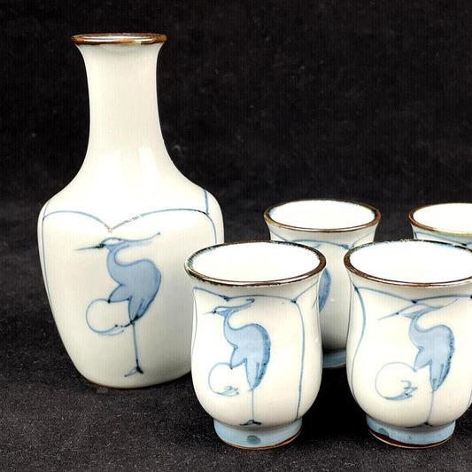 Japanese Vintage Blue Crane Stoneware Sake Set