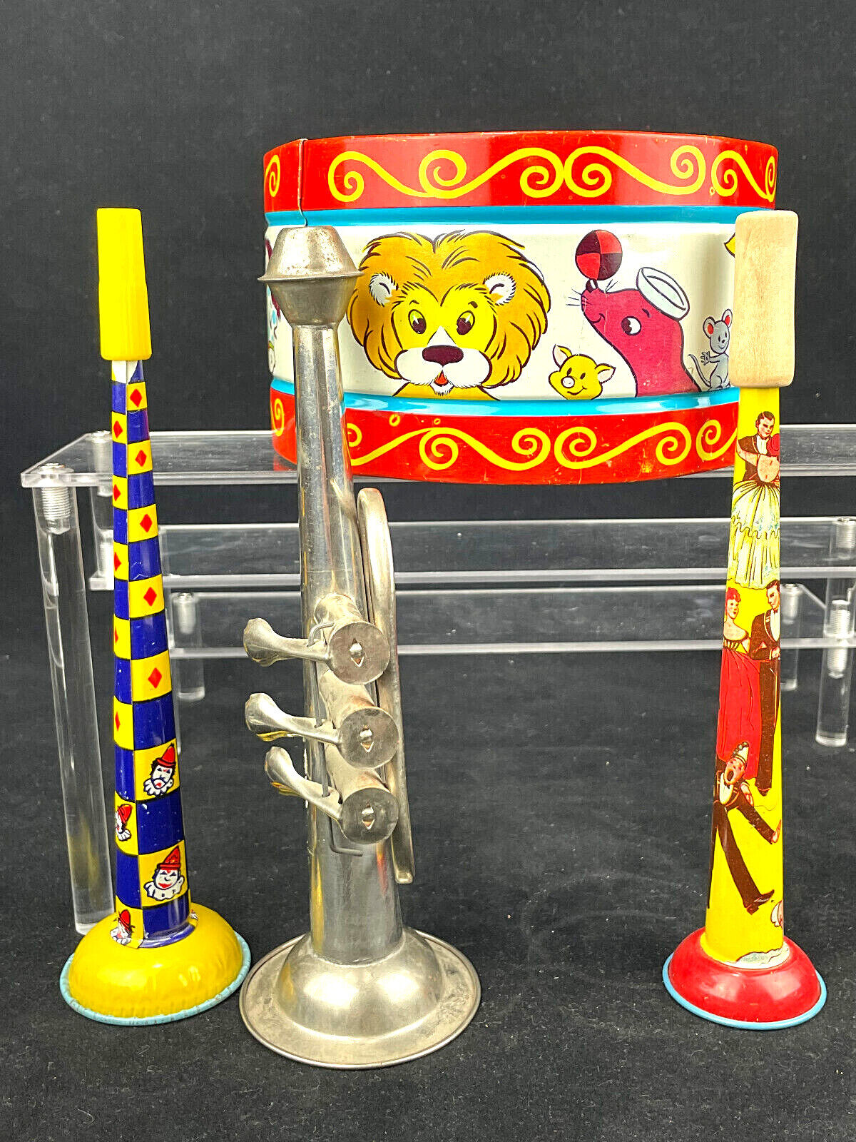 Vintage Tin Litho Toy Instruments J Chein Circus Animals Drum & Three Horns