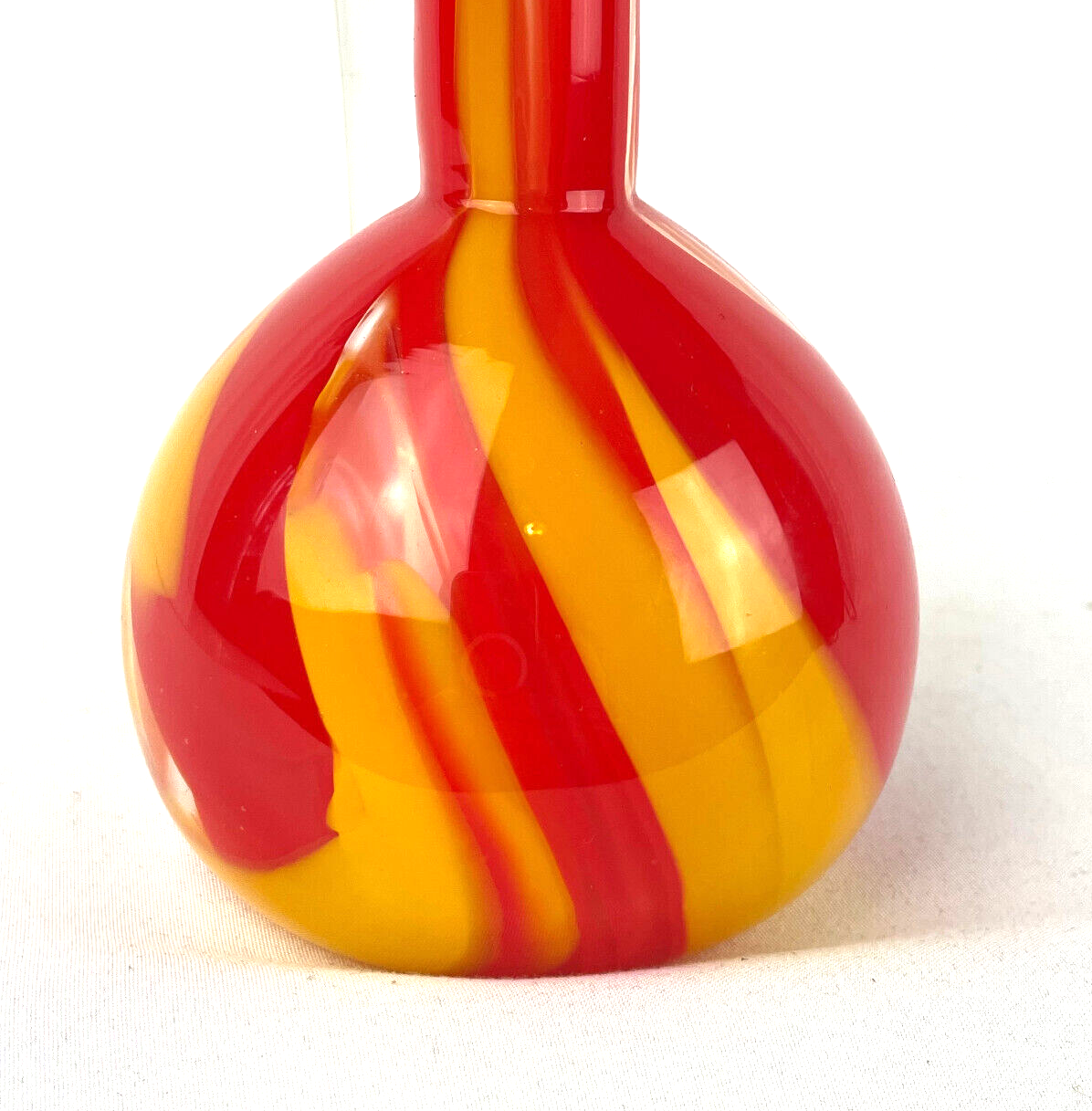 Hand Blown Studio Art Glass Bulbous Vase with Vivid Red & Yellow Swirl