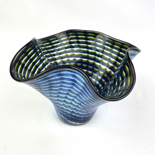 Iridescent Blue & Clear Striped Studio Art Glass Handkerchief Vase