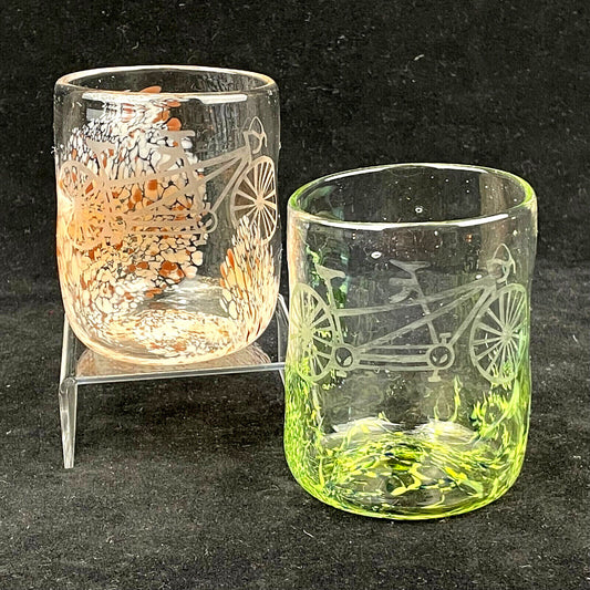 2pc Hand Blown Art Glass Cocktail Juice Glasses with Etched Tandem Bicycles