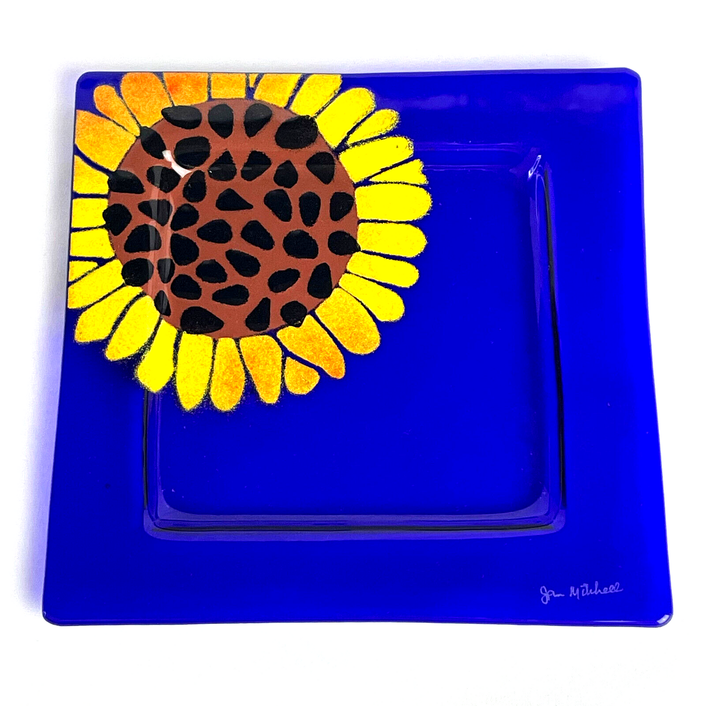 Jan Mitchell Signed Studio Art Glass Cobalt Blue Dish with Sunflower