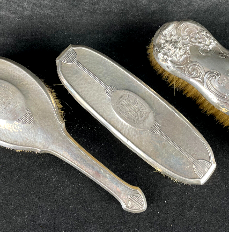 Three Antique Deco Art Nouveau Sterling Hair Brushes