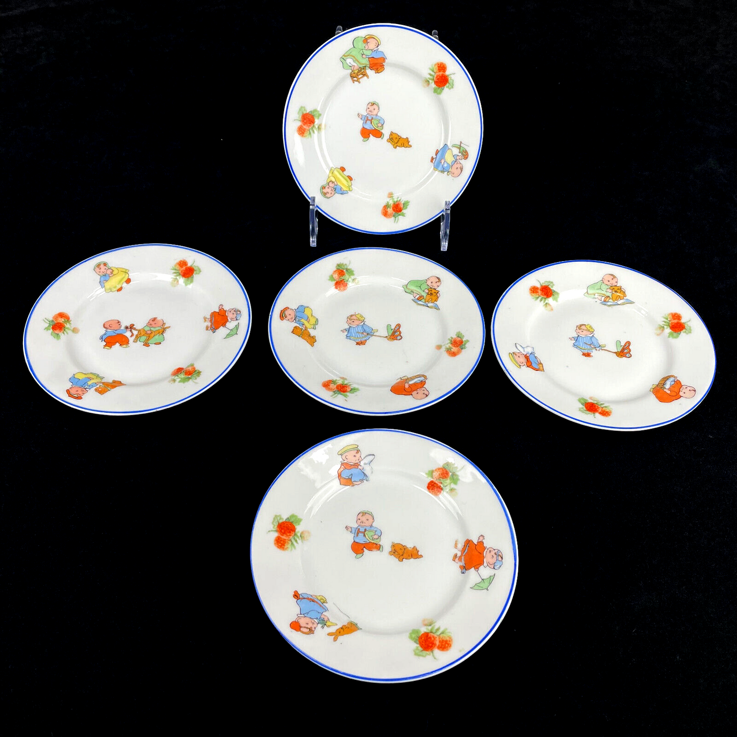 5pc Set Antique German Rudolstad Porcelain Baby Plates by Kate Jordan "Happifats"