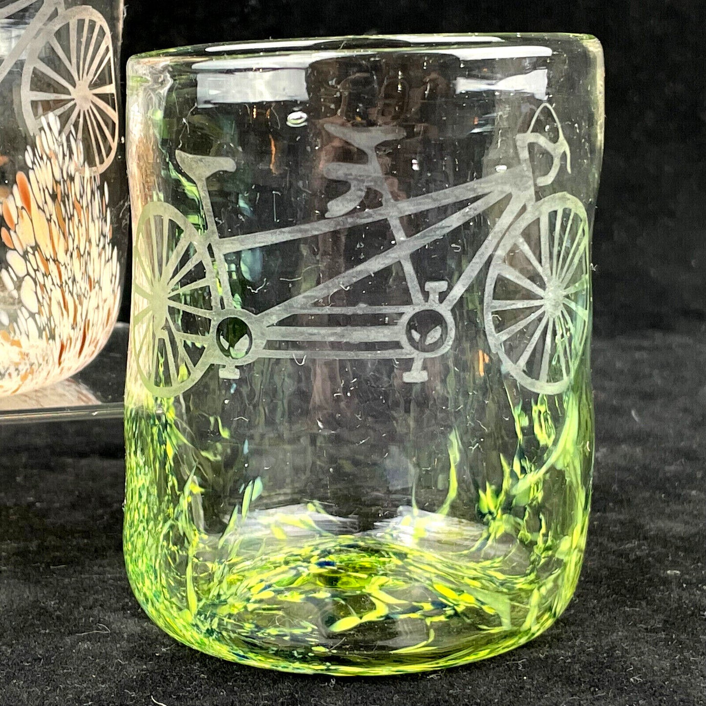 2pc Hand Blown Art Glass Cocktail Juice Glasses with Etched Tandem Bicycles