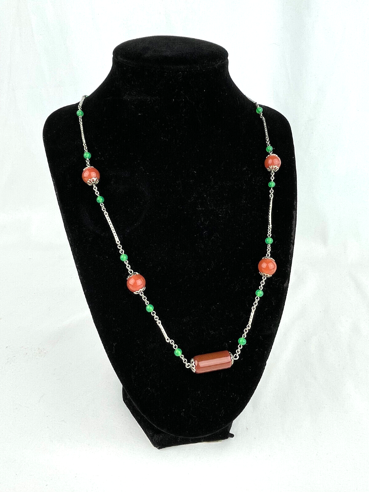 Antique Art Deco Era Signed German Carnelian Bead Flapper Necklace