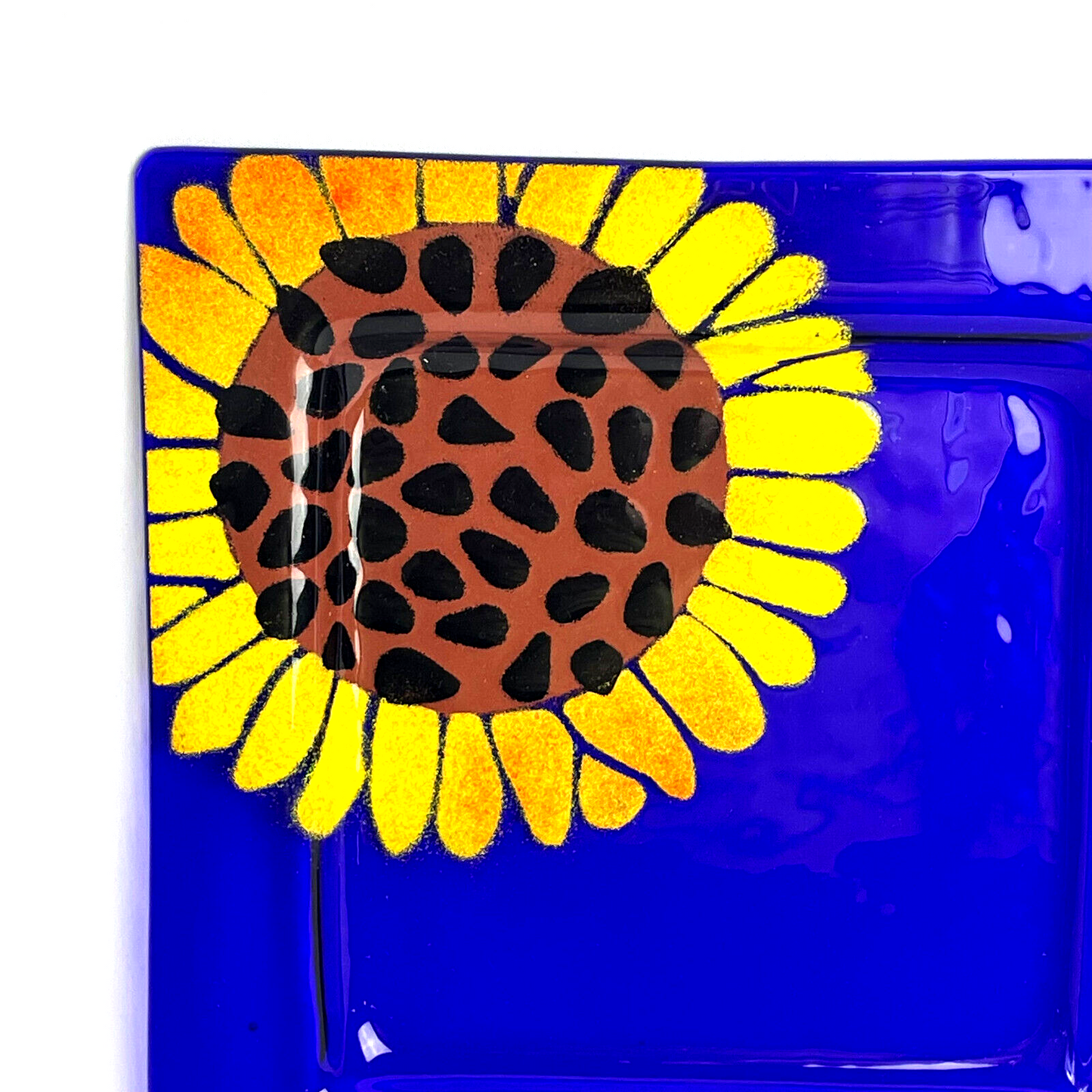 Jan Mitchell Signed Studio Art Glass Cobalt Blue Dish with Sunflower