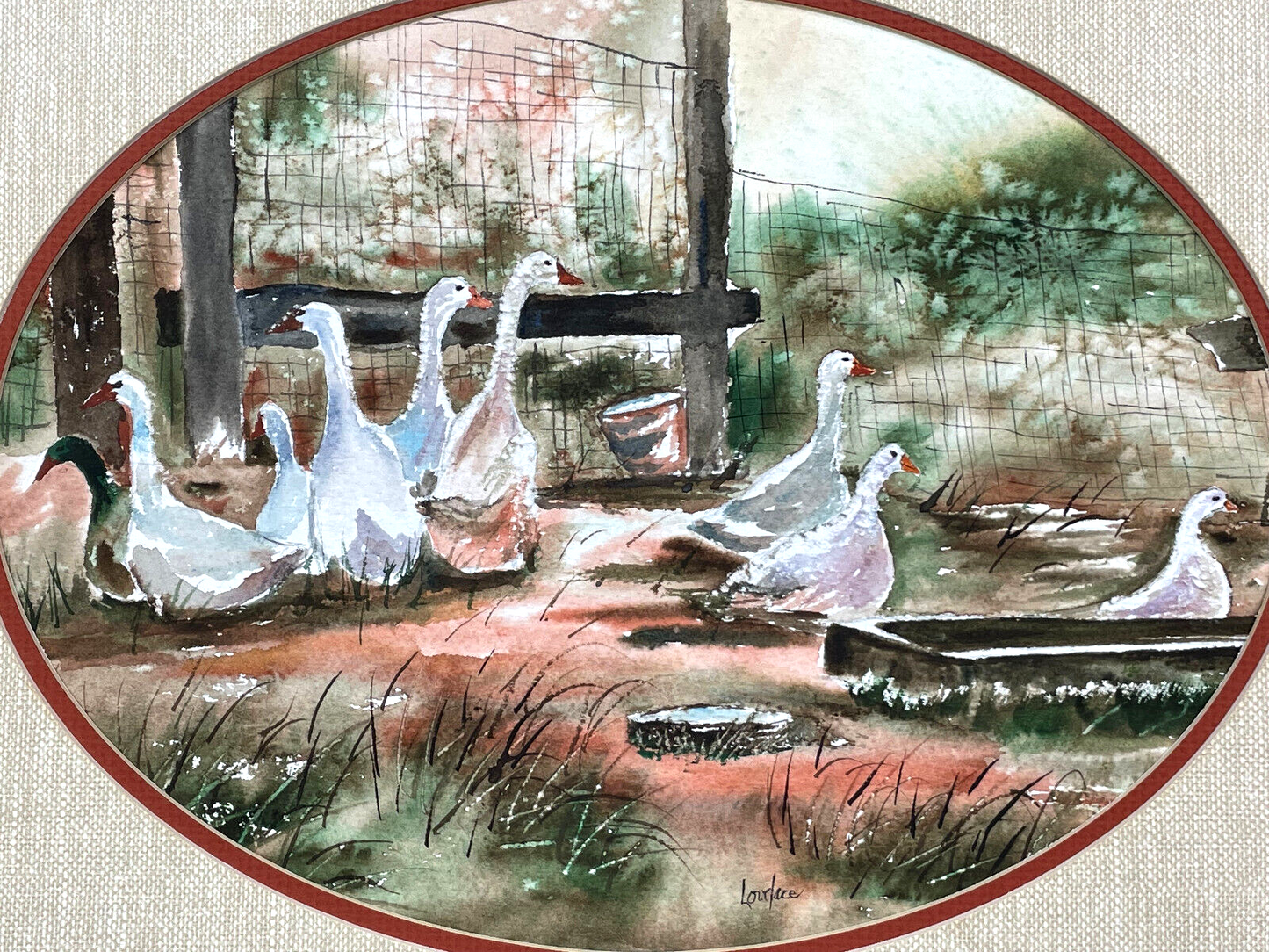 Original Signed Watercolor Painting of a Gaggle of Geese in a Barnyard