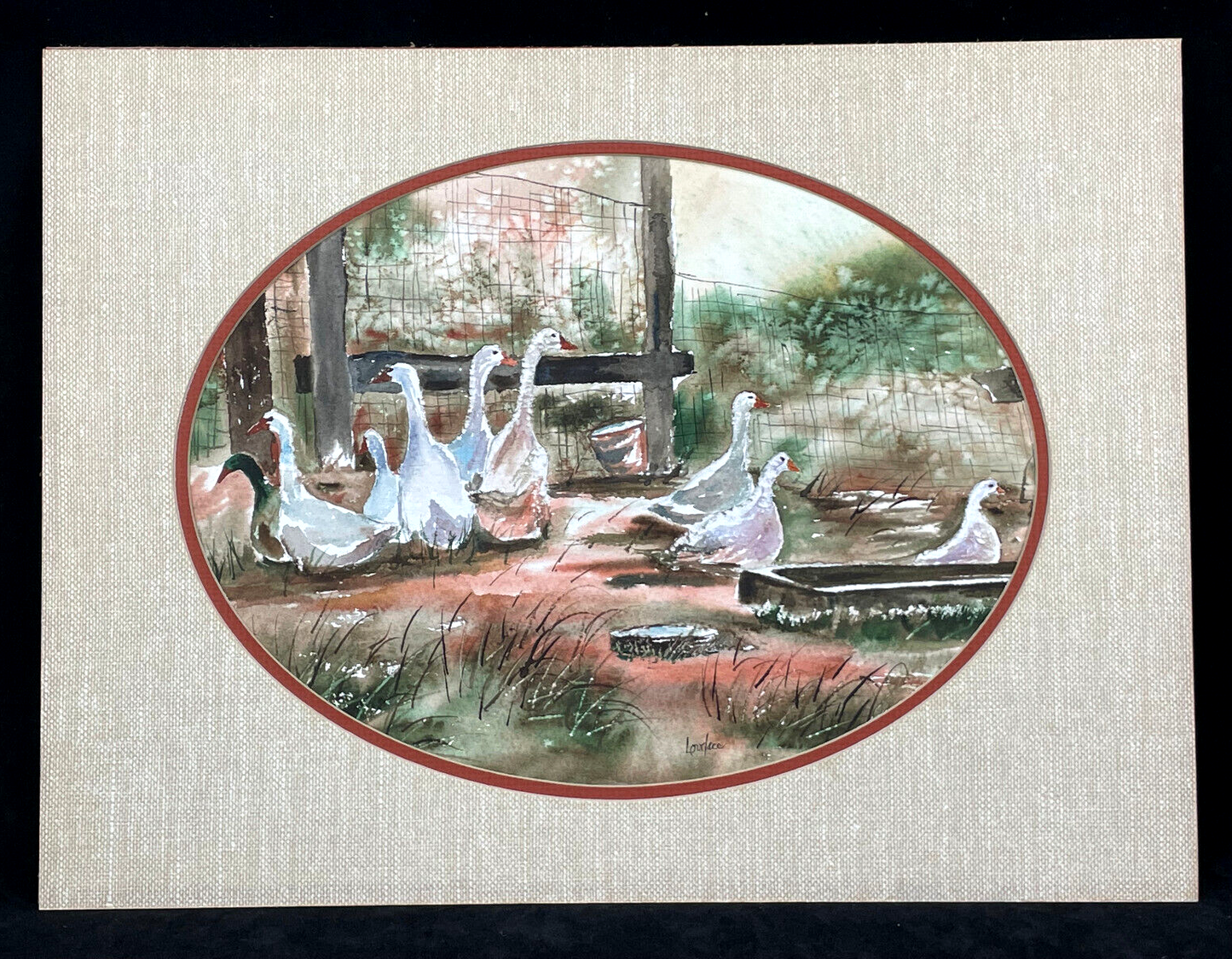 Original Signed Watercolor Painting of a Gaggle of Geese in a Barnyard