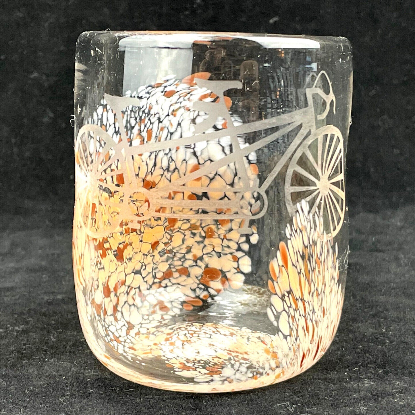 2pc Hand Blown Art Glass Cocktail Juice Glasses with Etched Tandem Bicycles