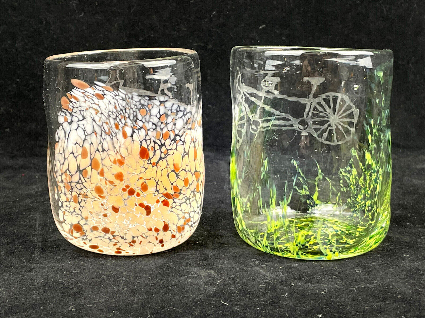 2pc Hand Blown Art Glass Cocktail Juice Glasses with Etched Tandem Bicycles