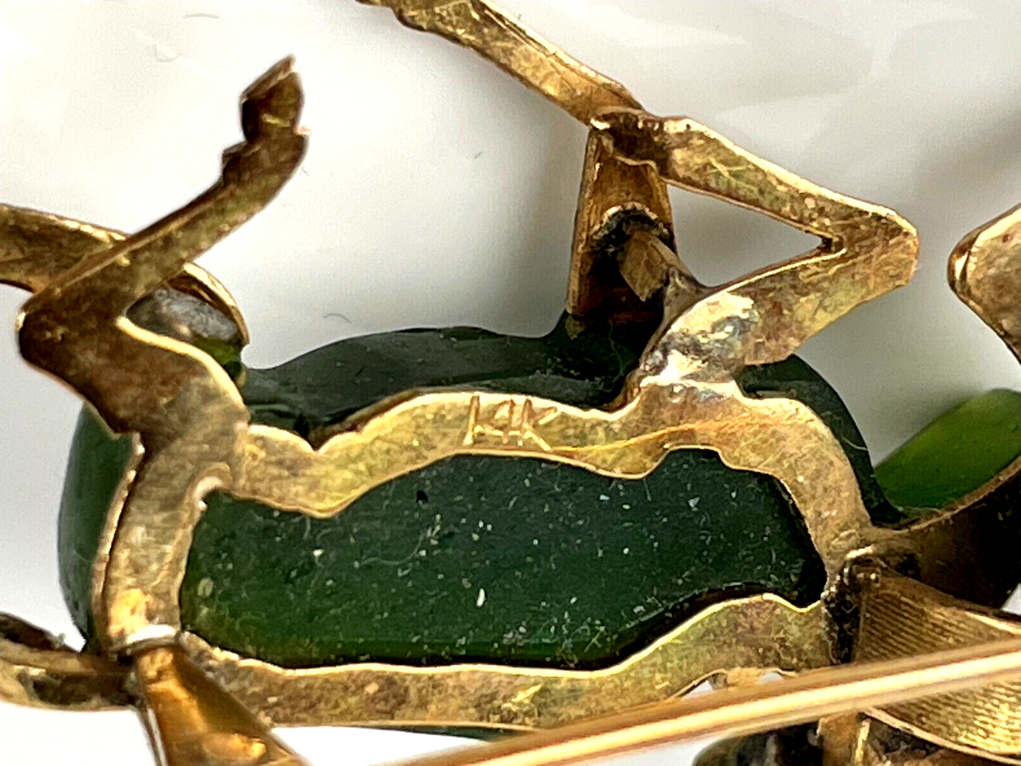 14K Gold & Jade Custom Made Hong Kong Deer Antelope Brooch