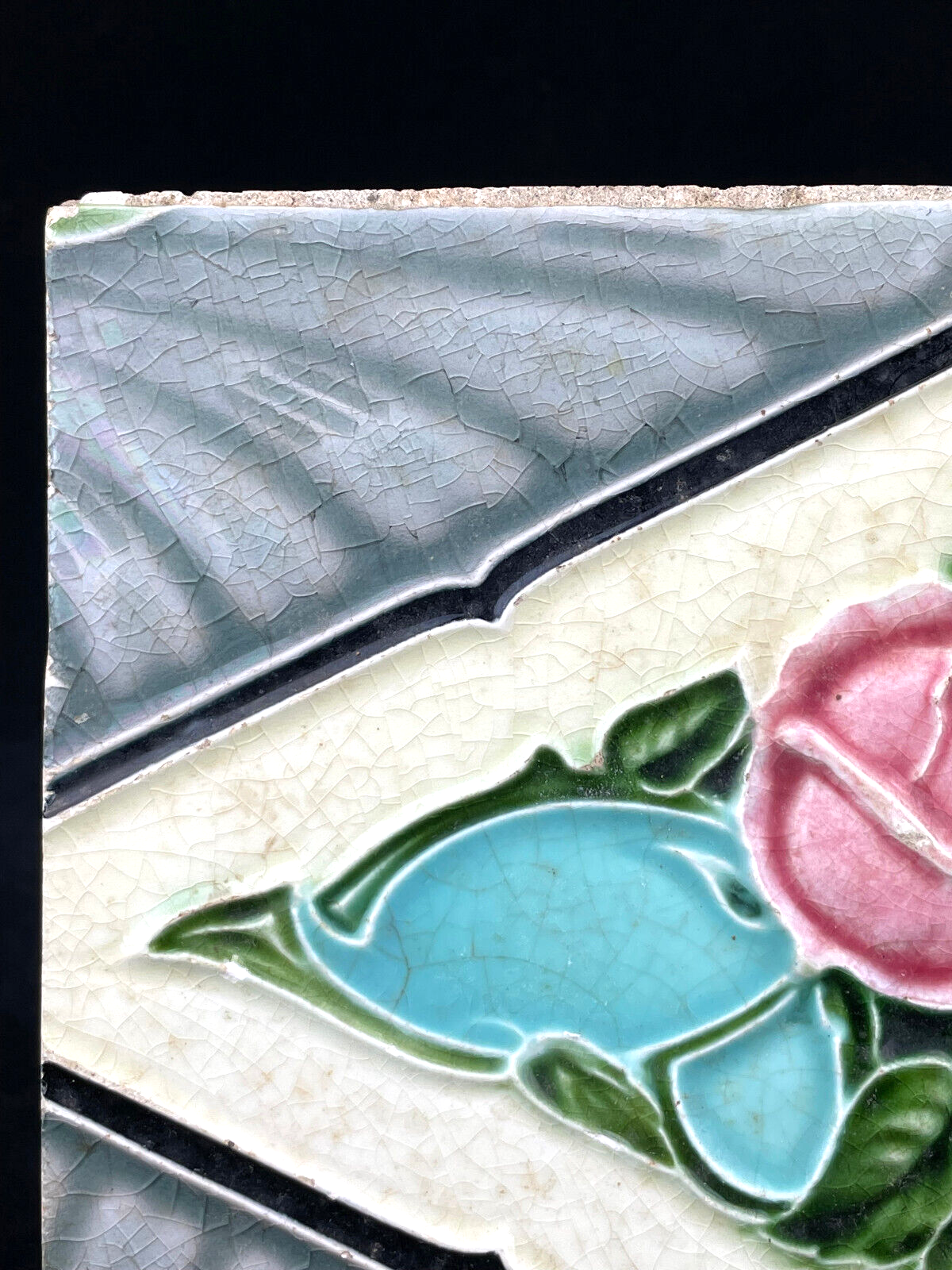 Antique Art Nouveau Era Majolica Ceramic Art Tile with Rose Geometric Patterns
