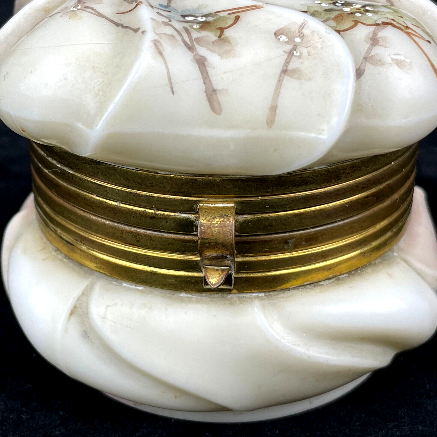 Antique Victorian Hand Painted Milk Glass Trinket Jar with Crimped Brass Clasp