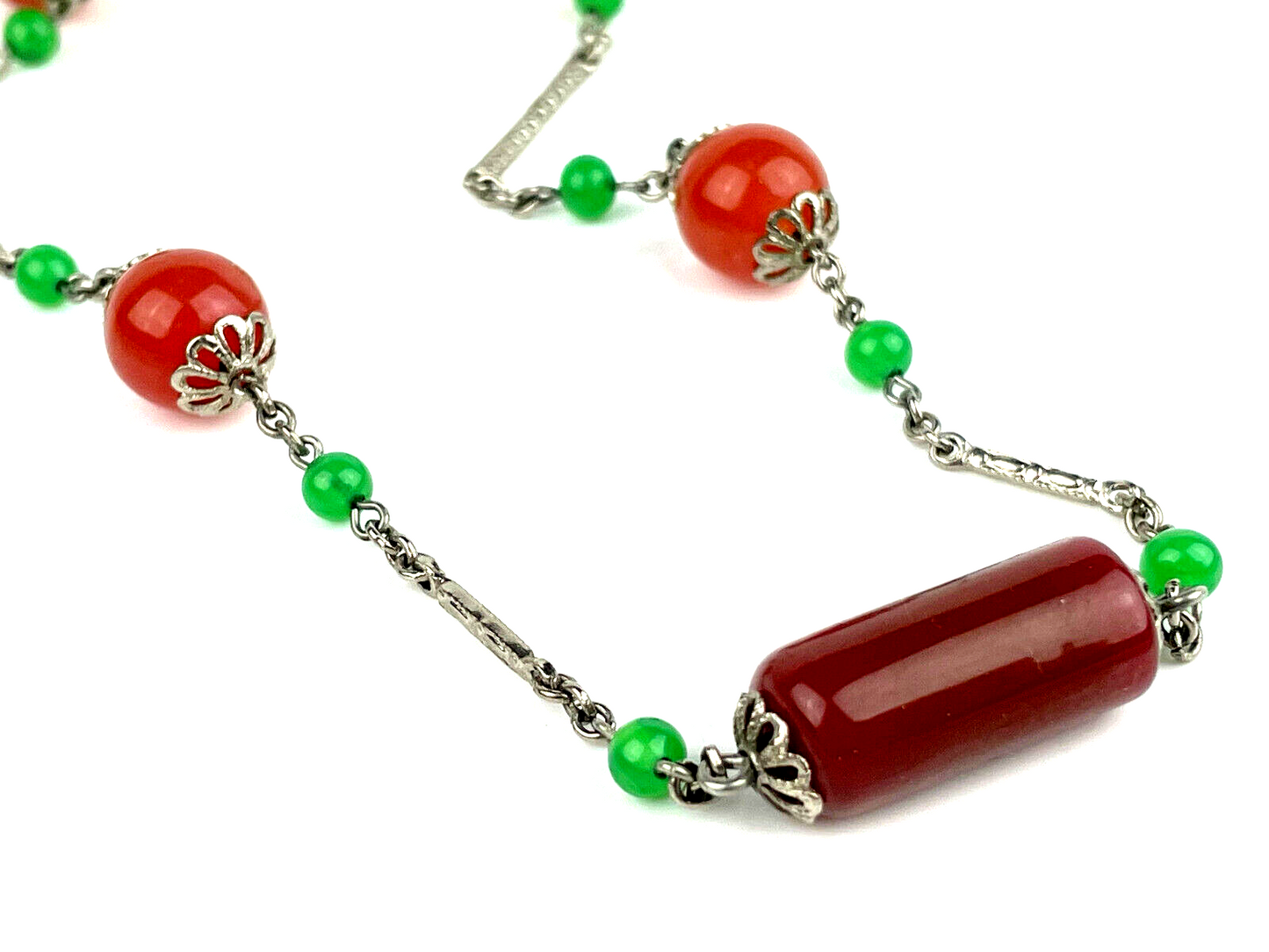 Antique Art Deco Era Signed German Carnelian Bead Flapper Necklace