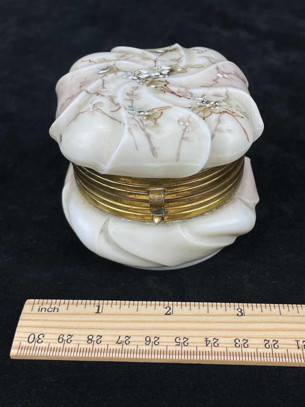 Antique Victorian Hand Painted Milk Glass Trinket Jar with Crimped Brass Clasp