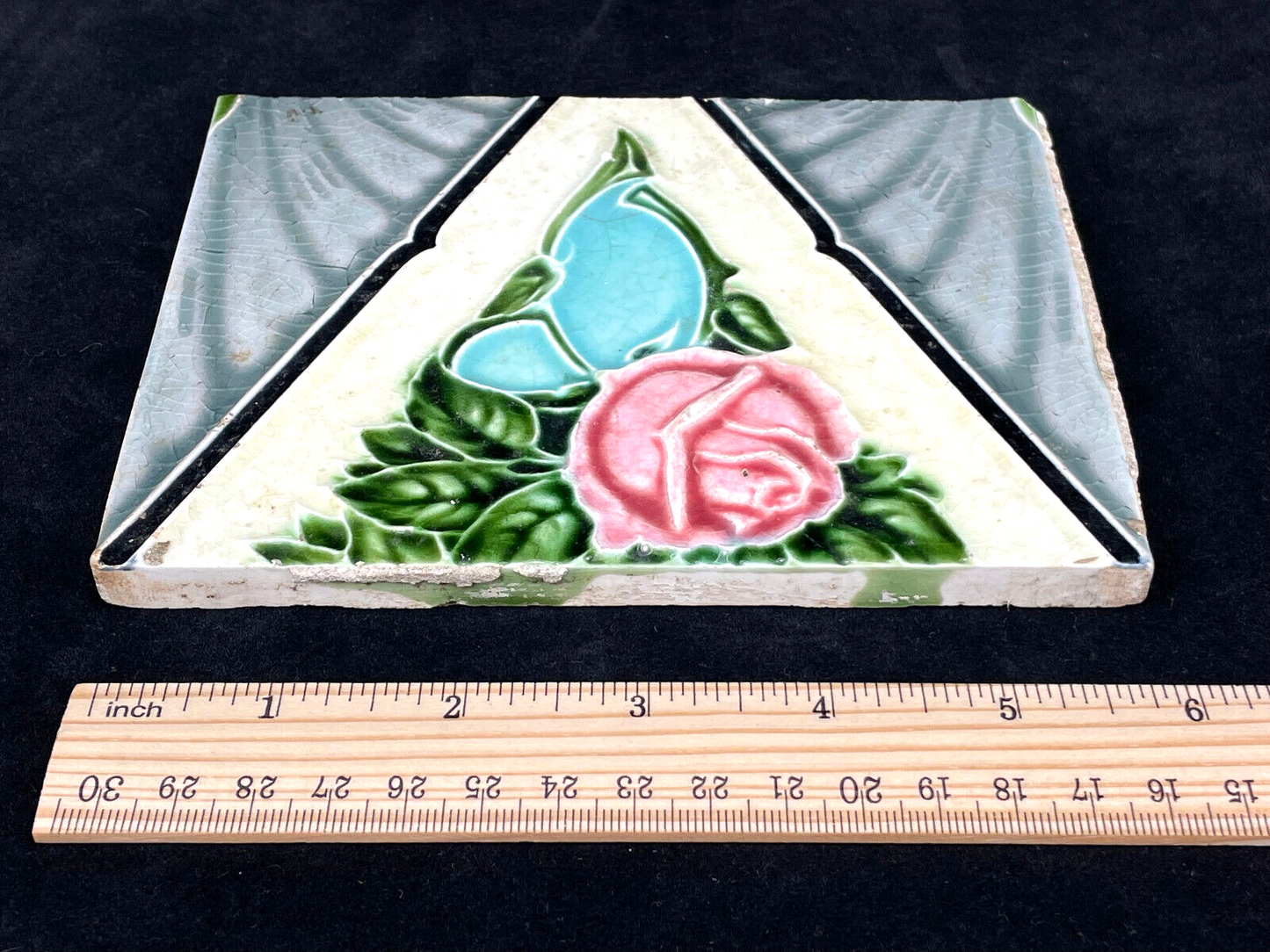 Antique Art Nouveau Era Majolica Ceramic Art Tile with Rose Geometric Patterns