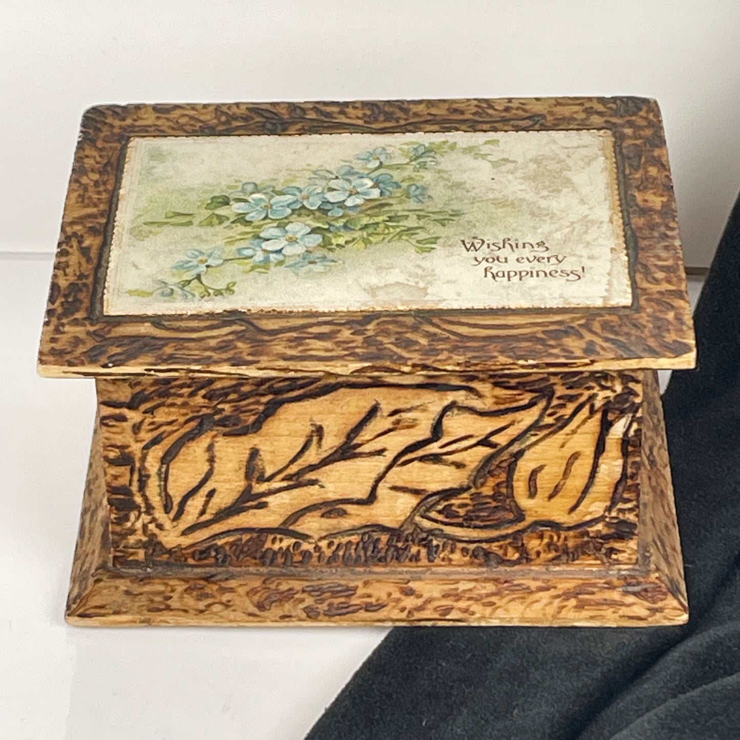 Antique Belgium Flemish Wooden Pyrography Trinket Box