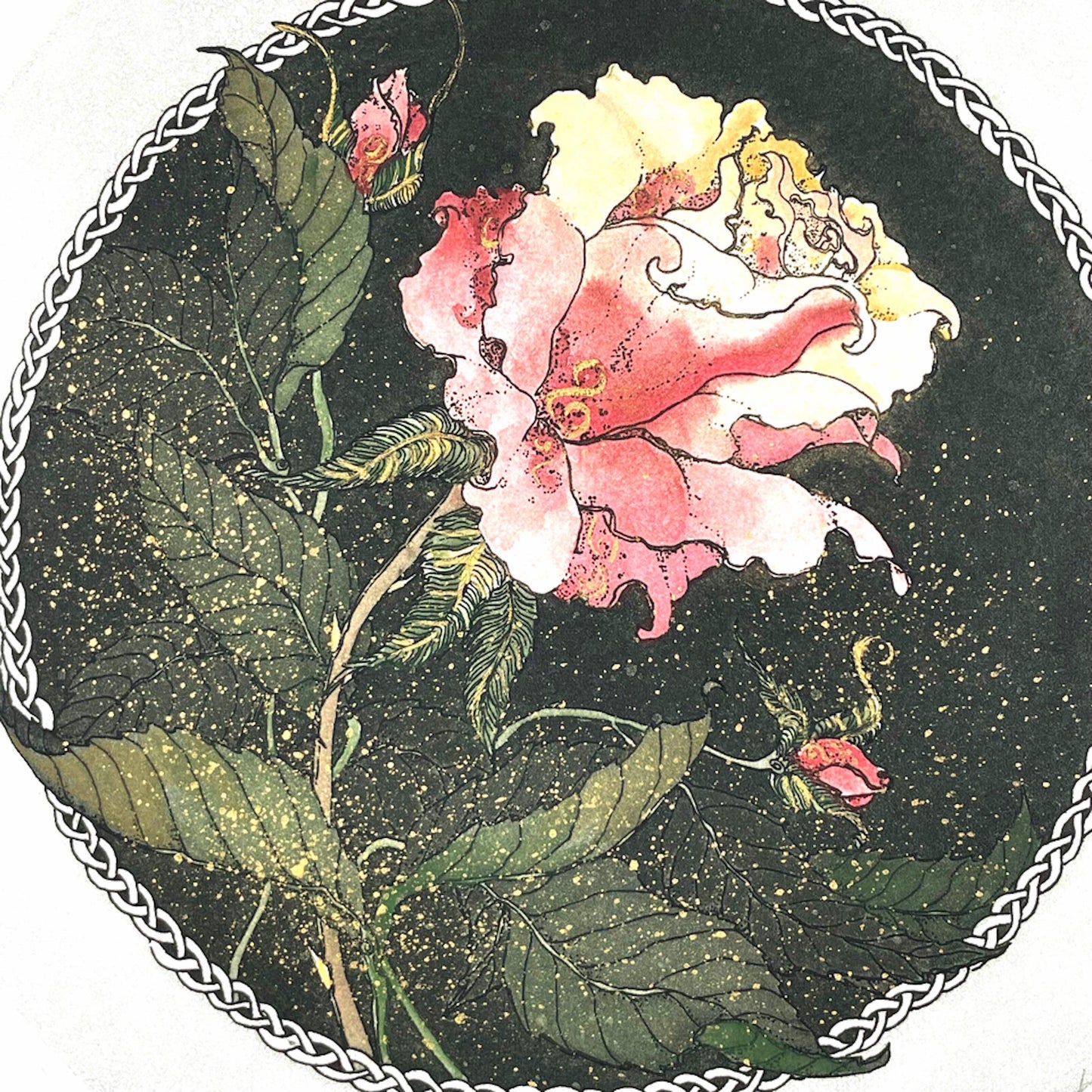 Victorian Themed Artist Signed Pink Rose Limited Edition Circular Etching