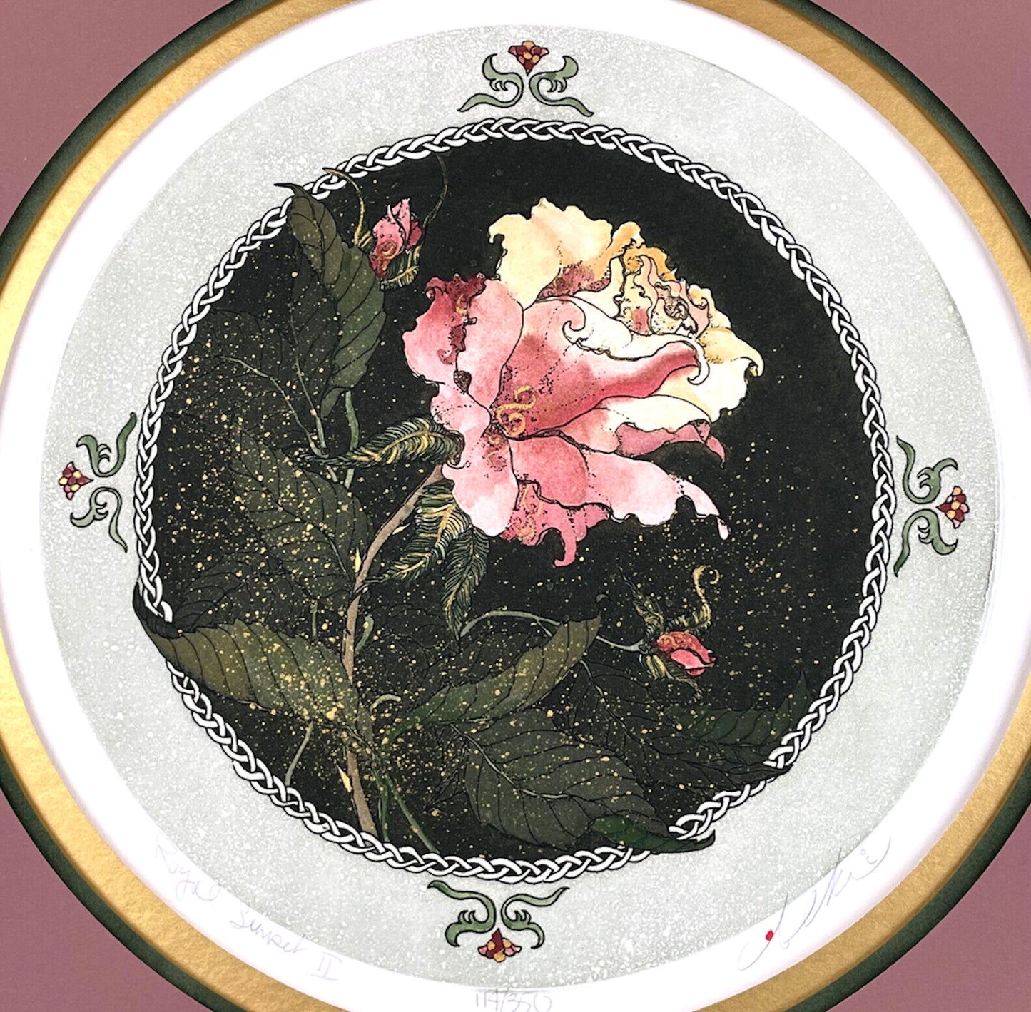 Victorian Themed Artist Signed Pink Rose Limited Edition Circular Etching