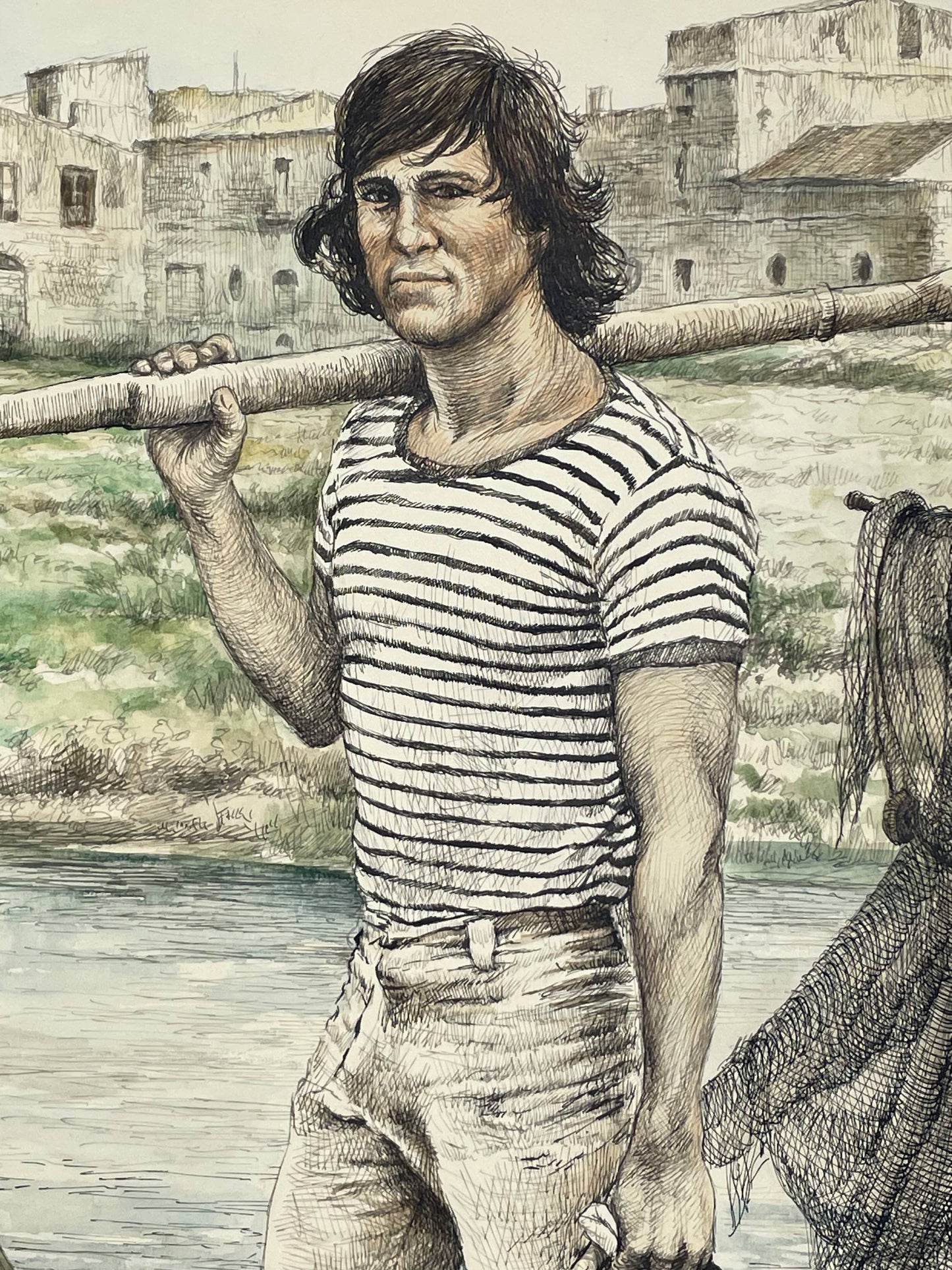 Original Spanish Painting by Rafael Tardio Alonso of a Young Fisherman