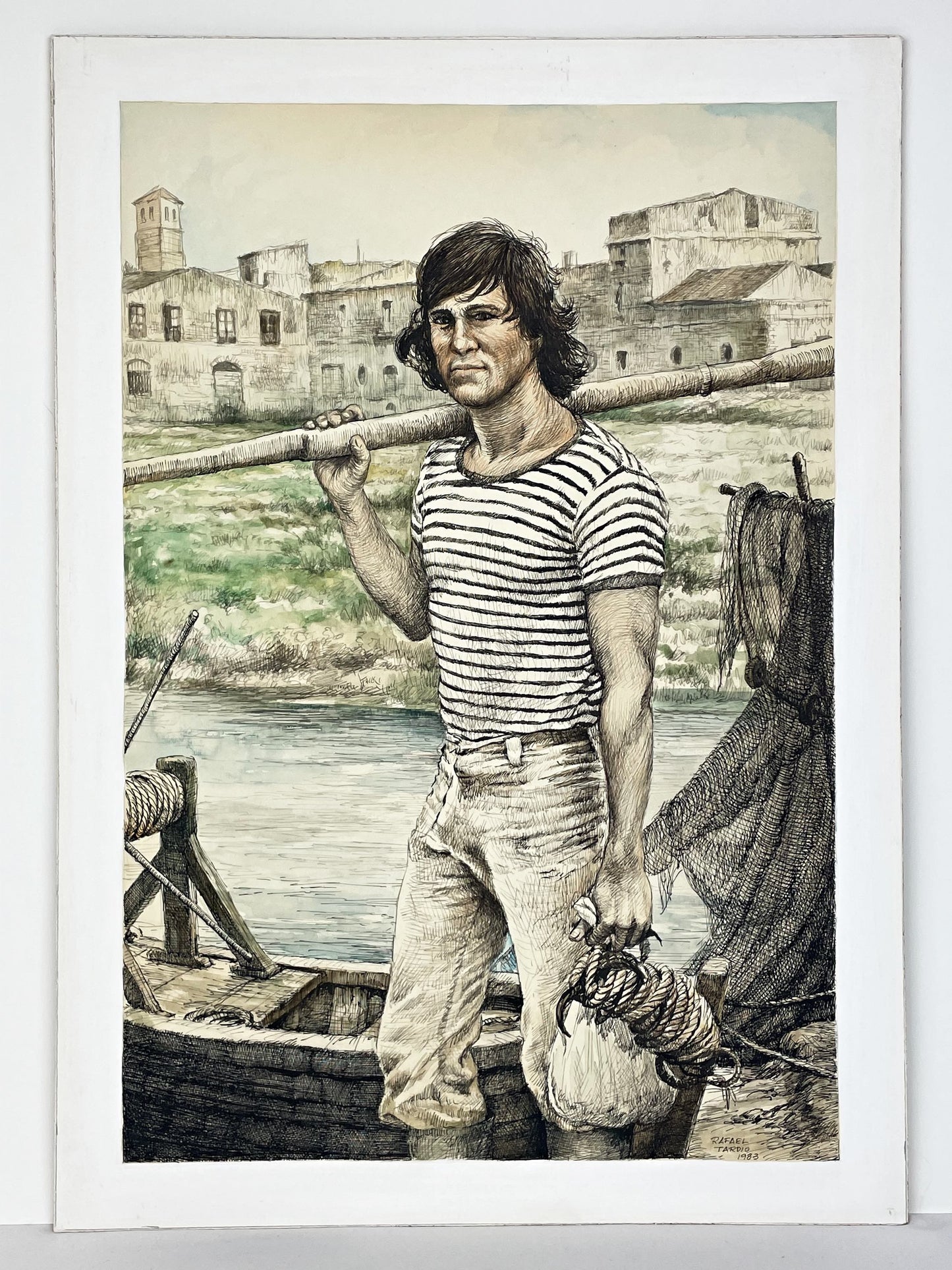 Original Spanish Painting by Rafael Tardio Alonso of a Young Fisherman