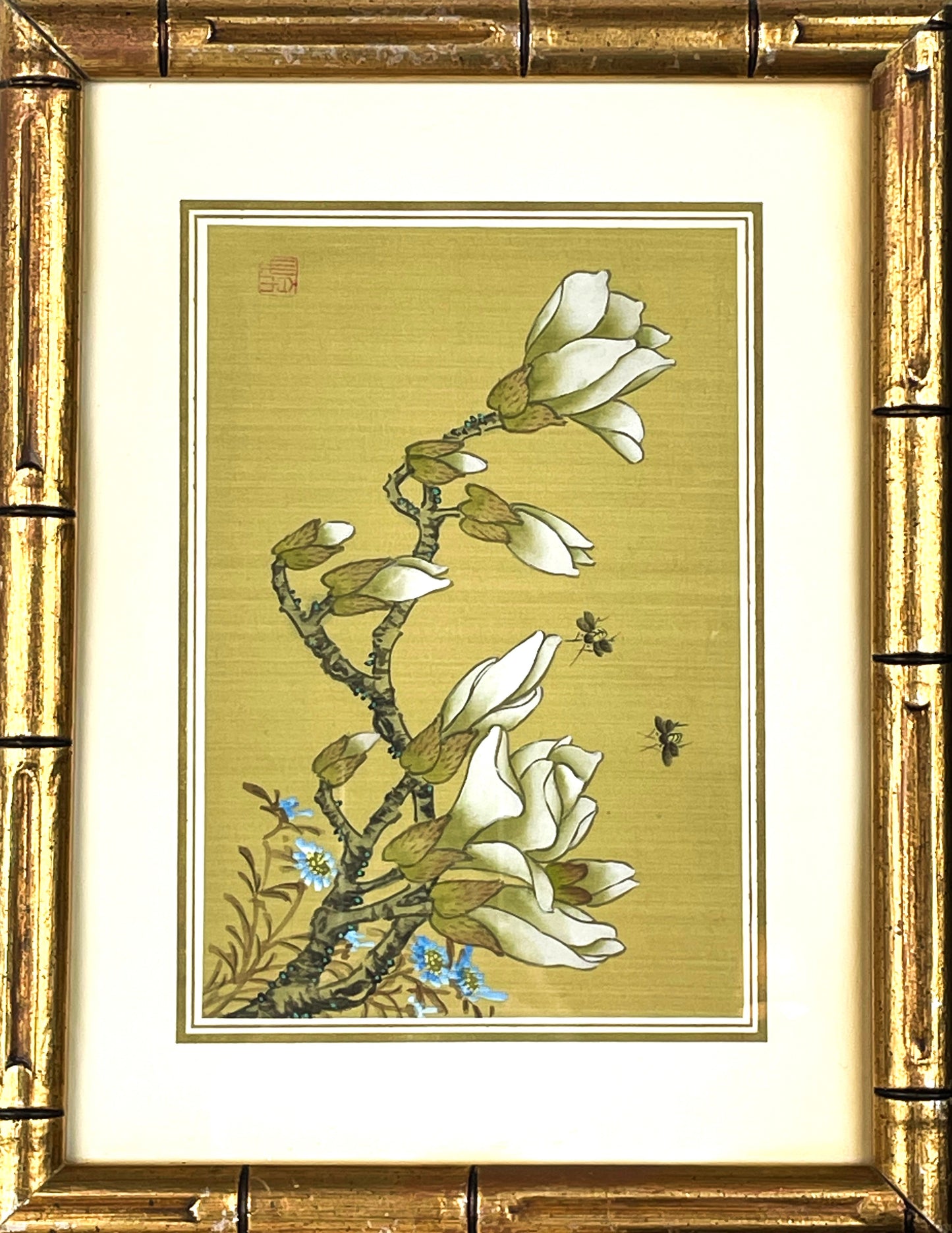 Vintage Chinese Painting on Silk of Magnolia Flowers & Insects Faux Bamboo Frame