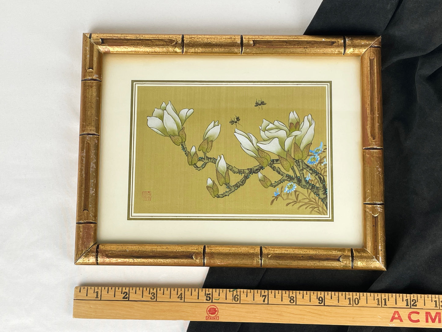 Vintage Chinese Painting on Silk of Magnolia Flowers & Insects Faux Bamboo Frame